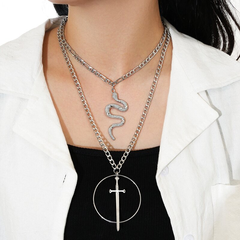 

Sword & Snake Layered Chain Necklace, Silver