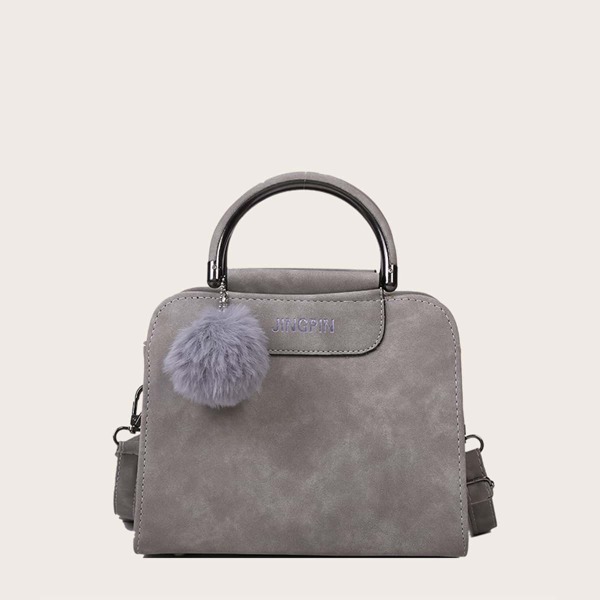 

Pom-pom Charm Satchel Bag, Light grey
