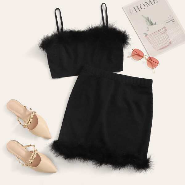 

Plus Fuzzy Trim Cami Top and Skirt Set, Black