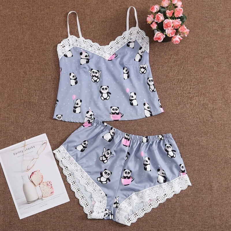 

Panda Print Lace Trim PJ Set, Blue