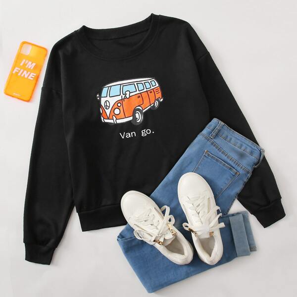 

Plus Cartoon Bus And Letter Print Sweatshirt, Black
