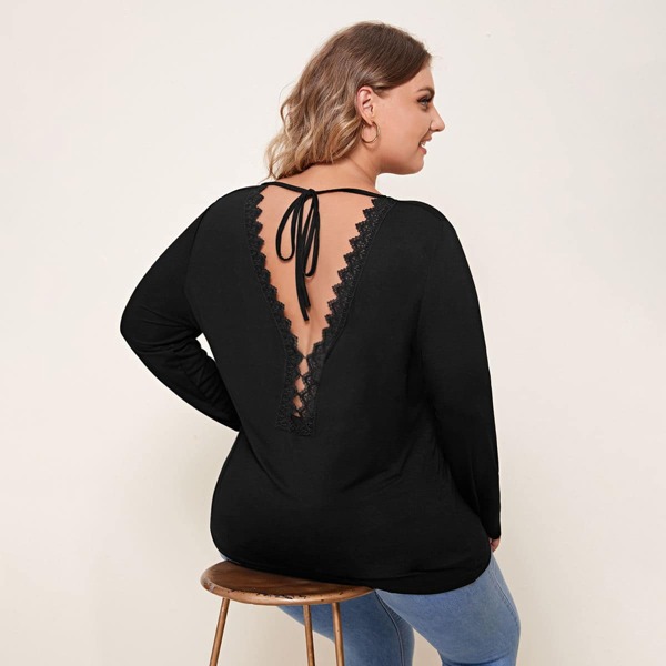 

Plus Contrast Lace Tie Back Tee, Black