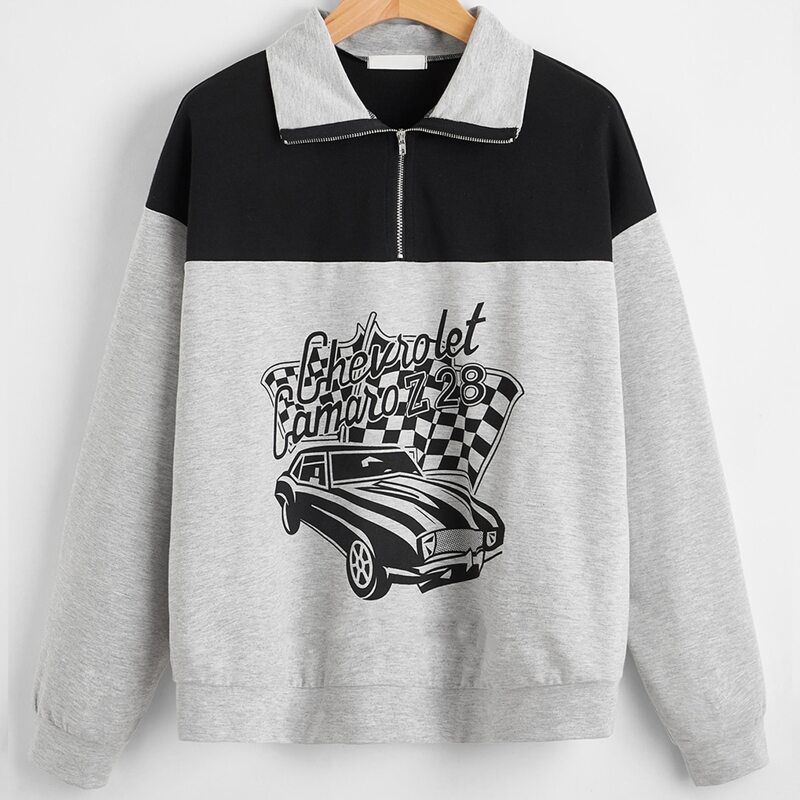

Flag & Letter Graphic Half Zip Sweatshirt, Light grey