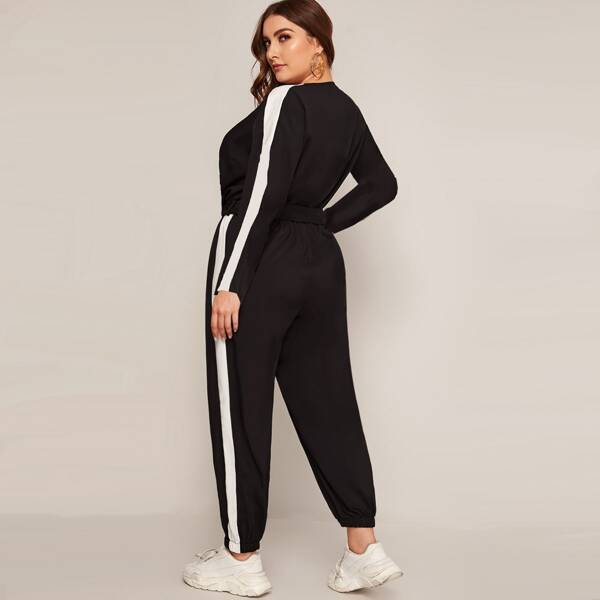 

Plus Surplice Neck Side Panel Belted Jumpsuit, Black