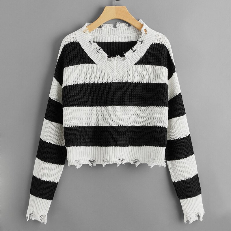 

Colorblock Distressed Sweater, Black and white