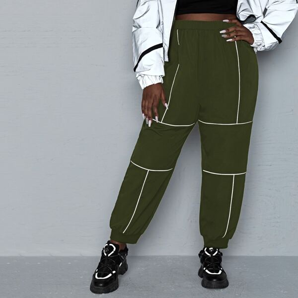 

Plus Contrast Piping Elastic Waist Windbreaker Sweatpants, Army green