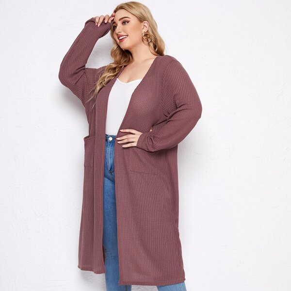 

Plus Waffle Knit Dual Pocket Open Front Coat, Redwood