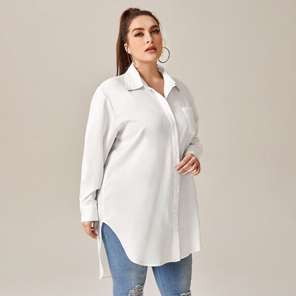 

Plus High Low Button Through Tunic Blouse, White