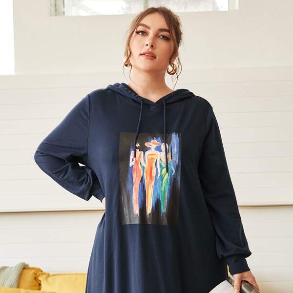 

Plus Figure Graphic Drawstring Side Hoodie Dress, Navy blue