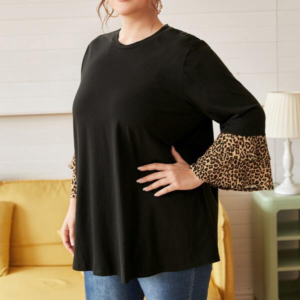 

Plus Leopard Cuff Top, Black