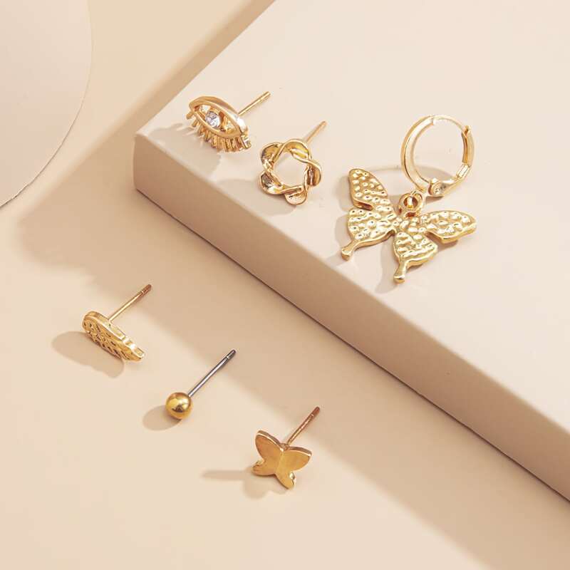 

6pcs Butterfly & Floral Earring Set, Gold