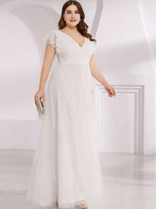 EVERPRETTY Plus Size Romantic Lace V-Neck Backless Ruffle Sleeve White Formal Dress, Bridal Wedding Gown For Summer Wedding Ceremony - White - View 4