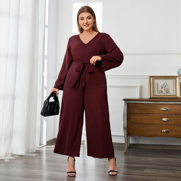 

Plus Solid V-neck Belted Culotte Jumpsuit, Maroon