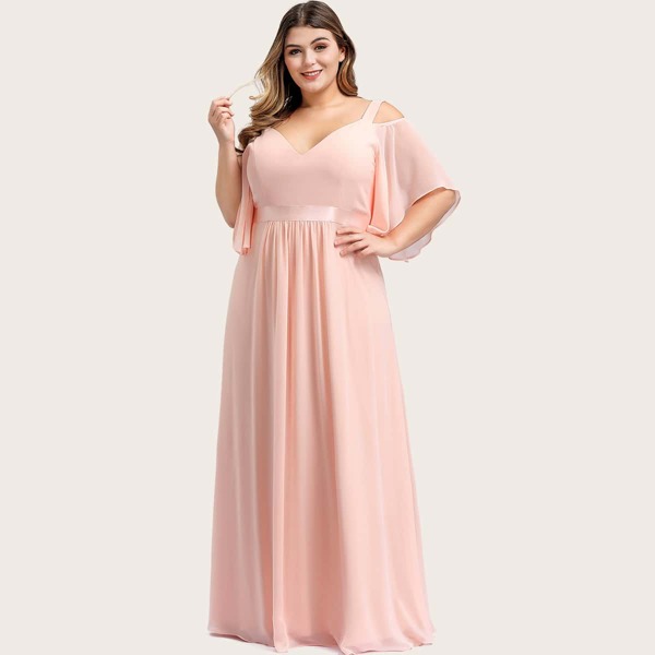 

Plus Cold Shoulder Flutter Sleeve Prom Dress, Coral pink
