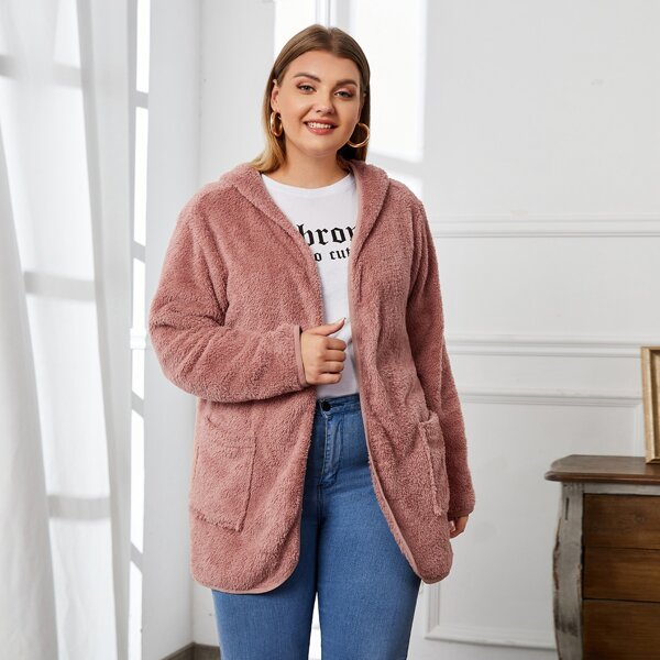 

Plus Open Front Double Pocket Hooded Teddy Coat, Dusty pink