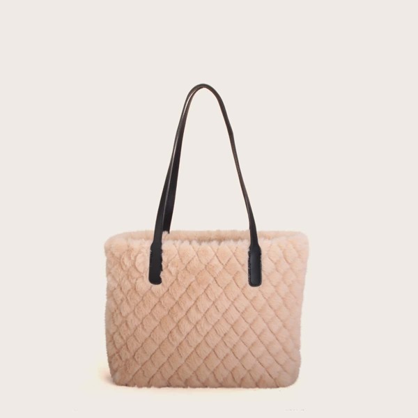 

Faux Fur Quilted Tote Bag, Khaki