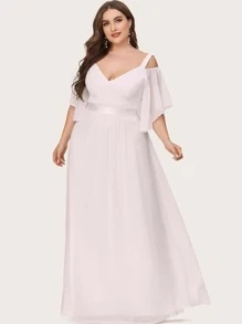 EVERPRETTY Vestido de novia de hombros descubiertos de manga con volante - Blanco - Ver 3