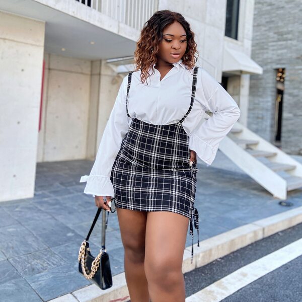 

Plus Plaid Knot Side Suspender Dress Without Blouse, Black and white