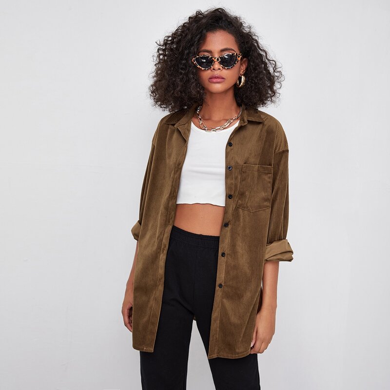 

Corduroy Drop Shoulder Pocket Front Blouse, Mocha brown