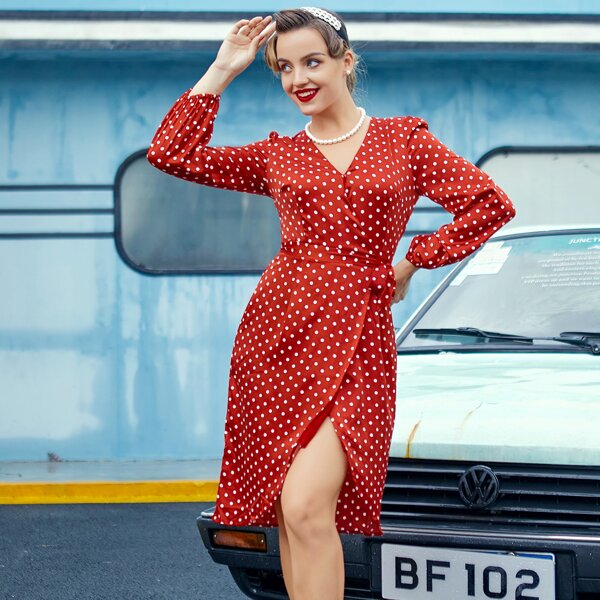 

Lantern Sleeve Wrap Knot Polka Dot Dress, Red