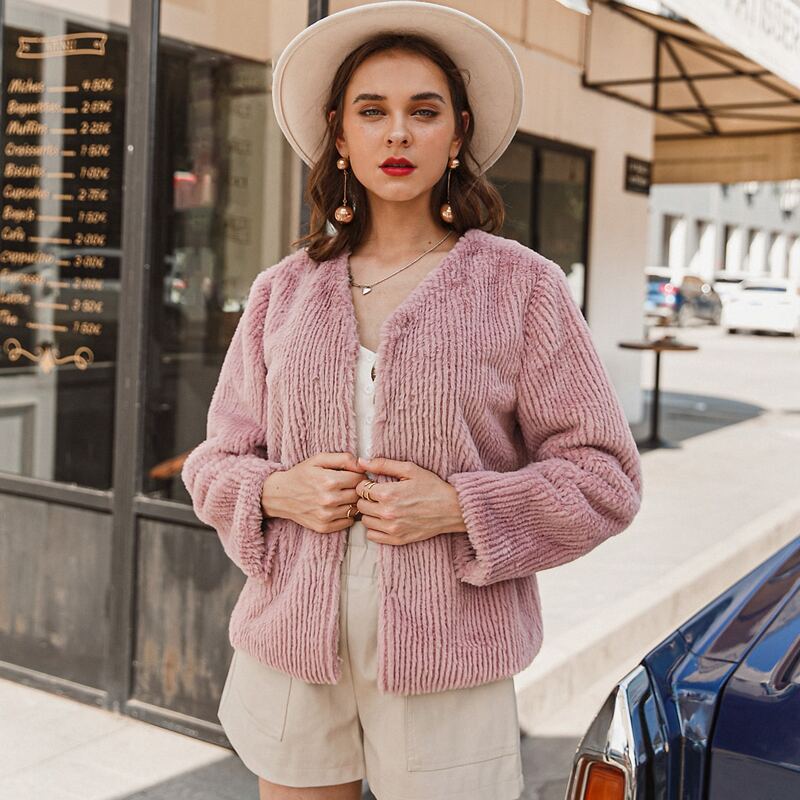 

Open Front Drop Shoulder Faux Fur Coat, Dusty pink