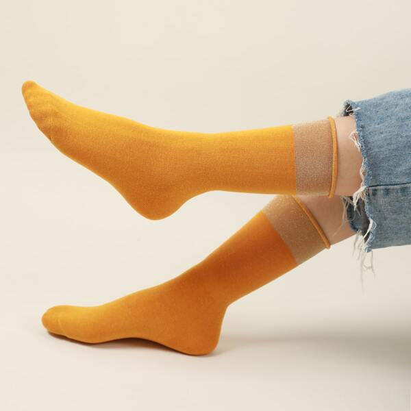 

Men Contrast Trim Cuffed Socks, Yellow