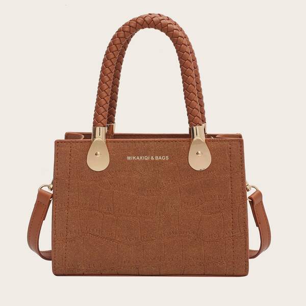 

Croc Embossed Satchel Bag, Brown