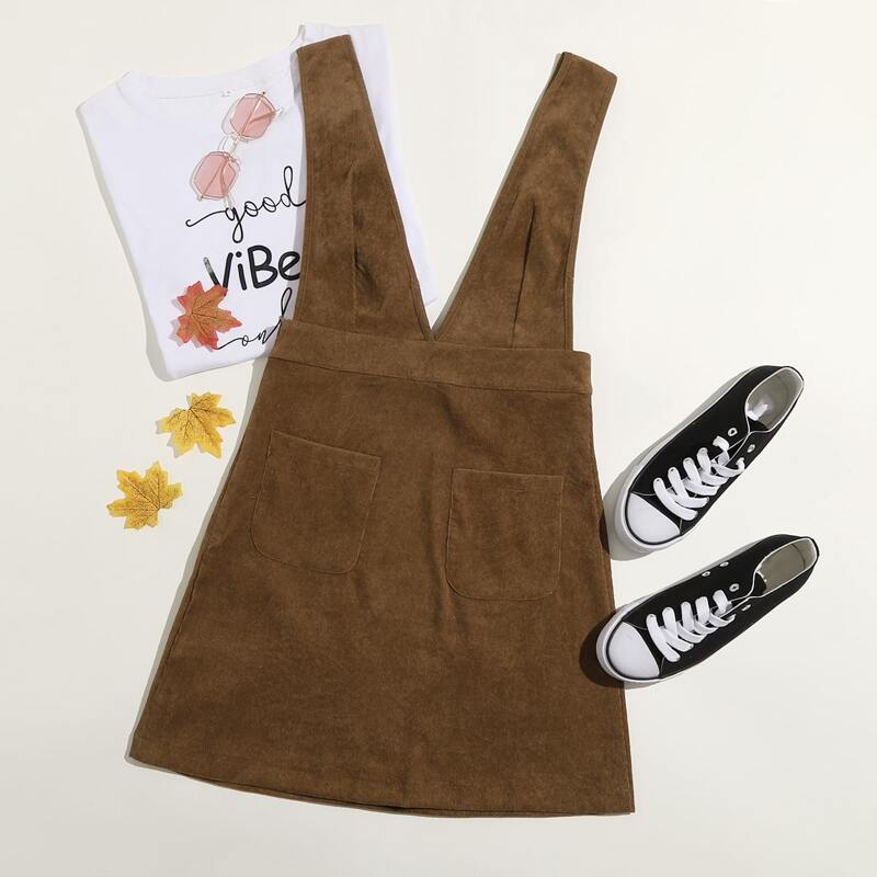 

Solid Corduroy Pocket Dress, Brown