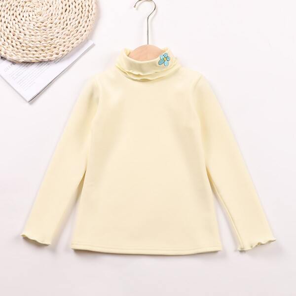 

Girls Floral Embroidery Lettuce Trim Plush Lined Tee, Yellow pastel