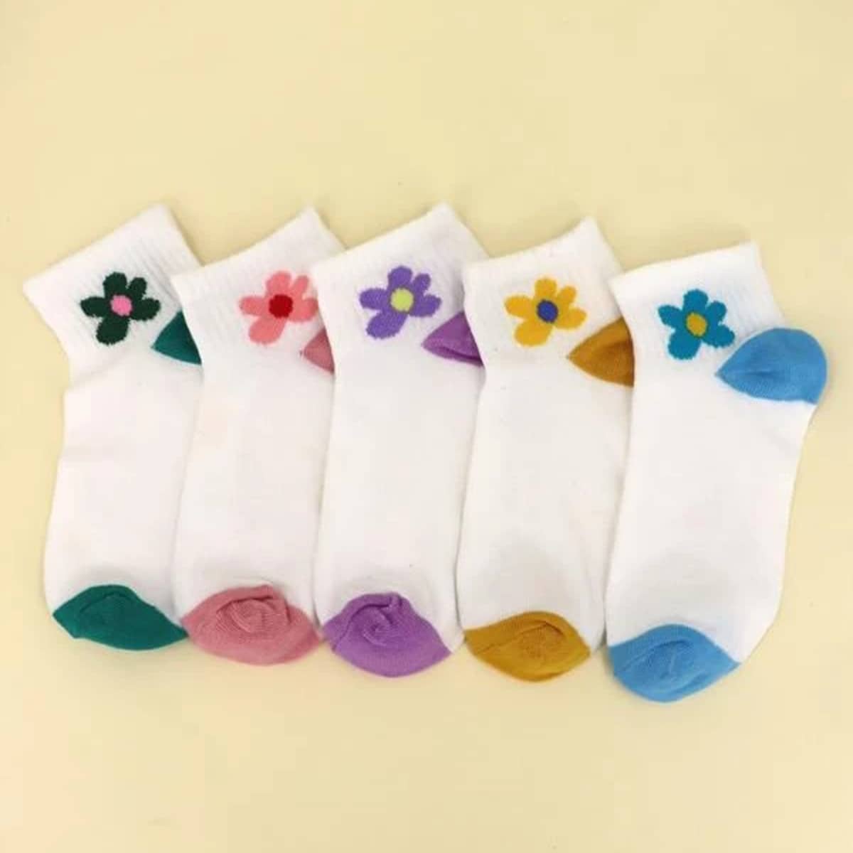 

5pair Flower Ankle Socks, Multicolor