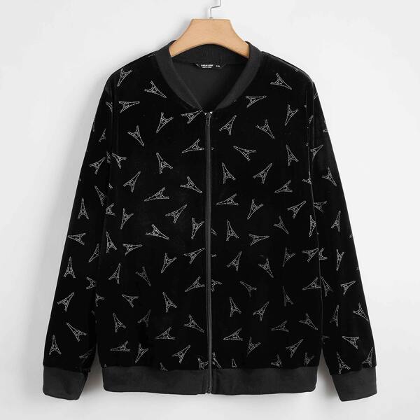 

Plus Velvet Tower Pattern Bomber Jacket, Black