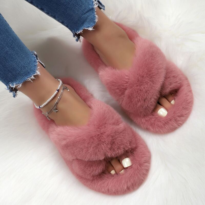 

Criss Cross Fluffy Slippers, Dusty pink