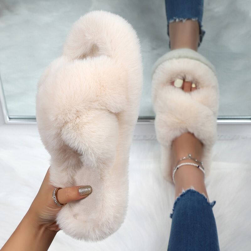 

Criss Cross Fluffy Slippers, Beige