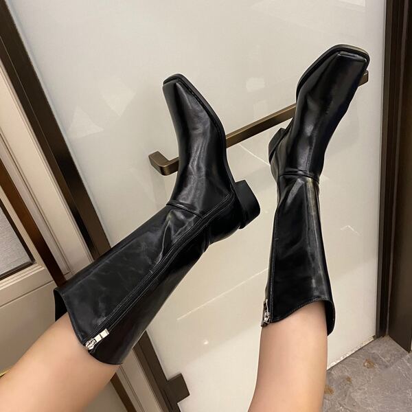 

Square Toe Mid Calf Boots, Black
