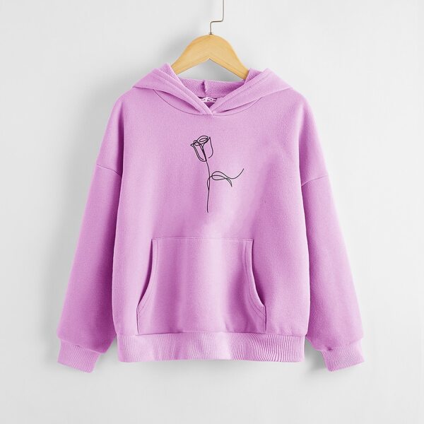 

Girls Floral Print Drop Shoulder Hoodie, Lilac purple
