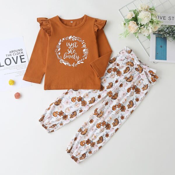 

Toddler Girls Letter & Floral Ruffle Tee With Belted Pants, Multicolor