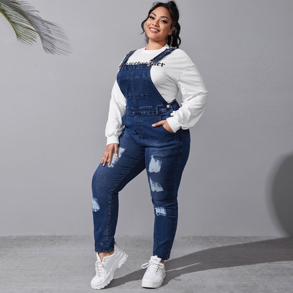 

Plus Patch Pocket Ripped Denim Overalls, Dark wash
