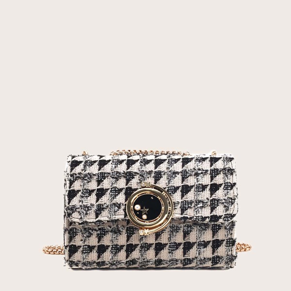 

Colorblock Flap Chain Shoulder Bag, Black and white