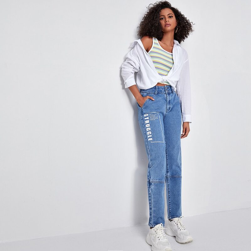 

High Waist Letter Graphic Straight Leg Jeans, Light wash