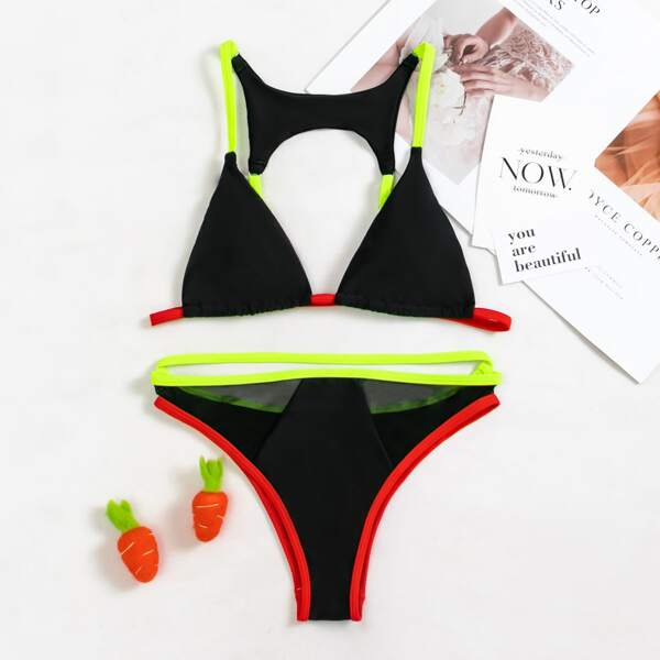 

Contrast Mesh Triangle Bikini Swimsuit, Black