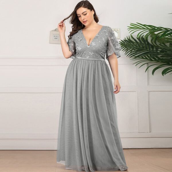 

Plus Flutter Sleeve Embroidered Mesh Prom Dress, Grey