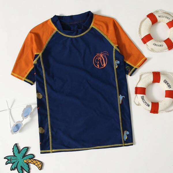 

Boys Cartoon Dinosaur & Palm Print Swim Top, Navy blue
