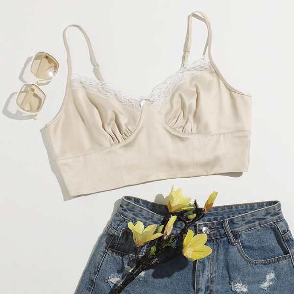 

Plus Lace Trim Ruched Cami Top, Beige