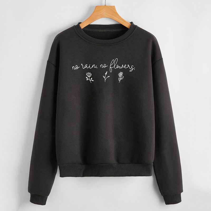 

Slogan Flower Graphic Sweatshirt, Black