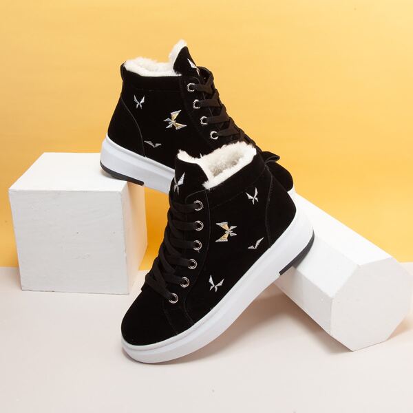 

Embroidery Lace-up Front Plush Inside Sneakers, Black