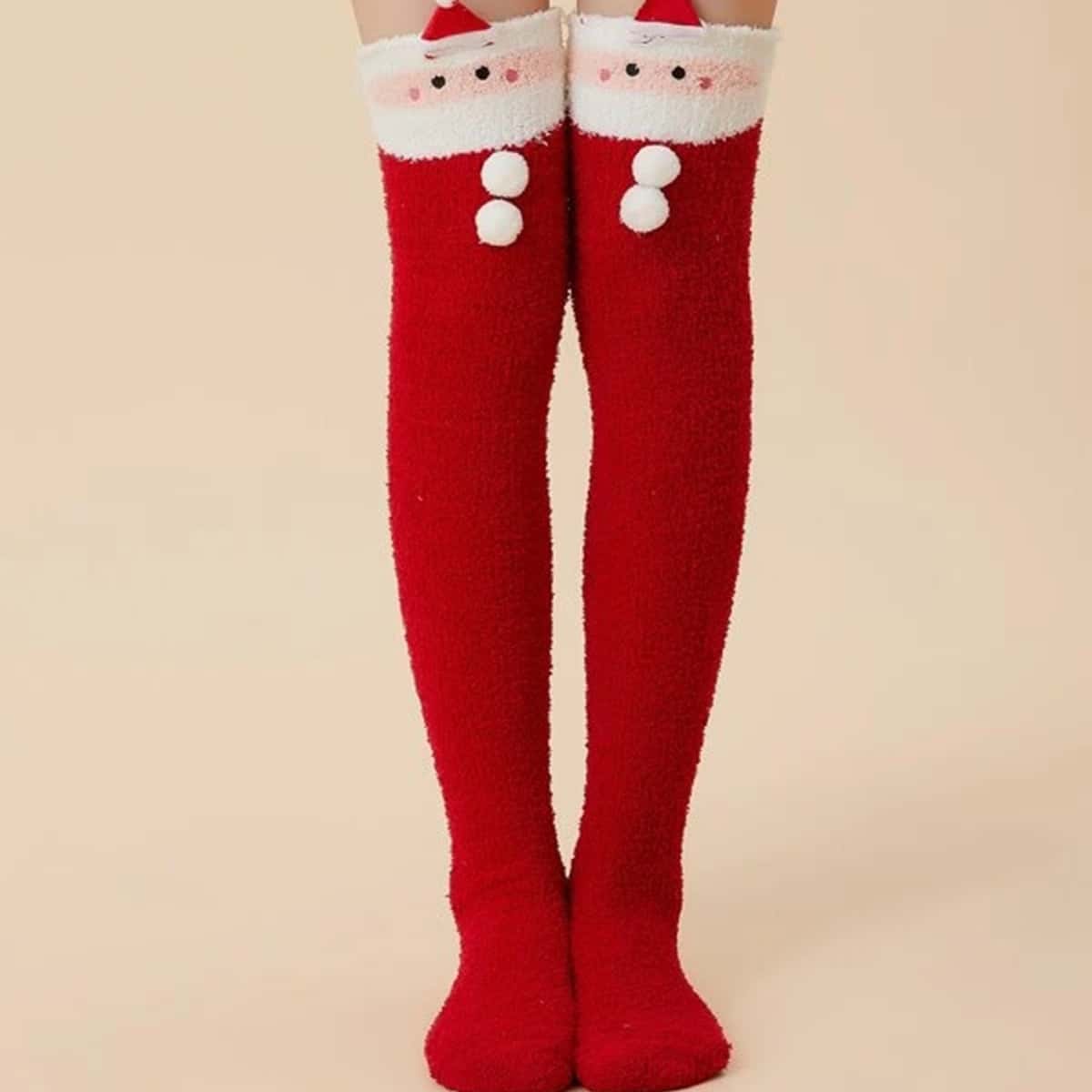 

1pair Christmas Thigh High Fuzzy Socks, Red