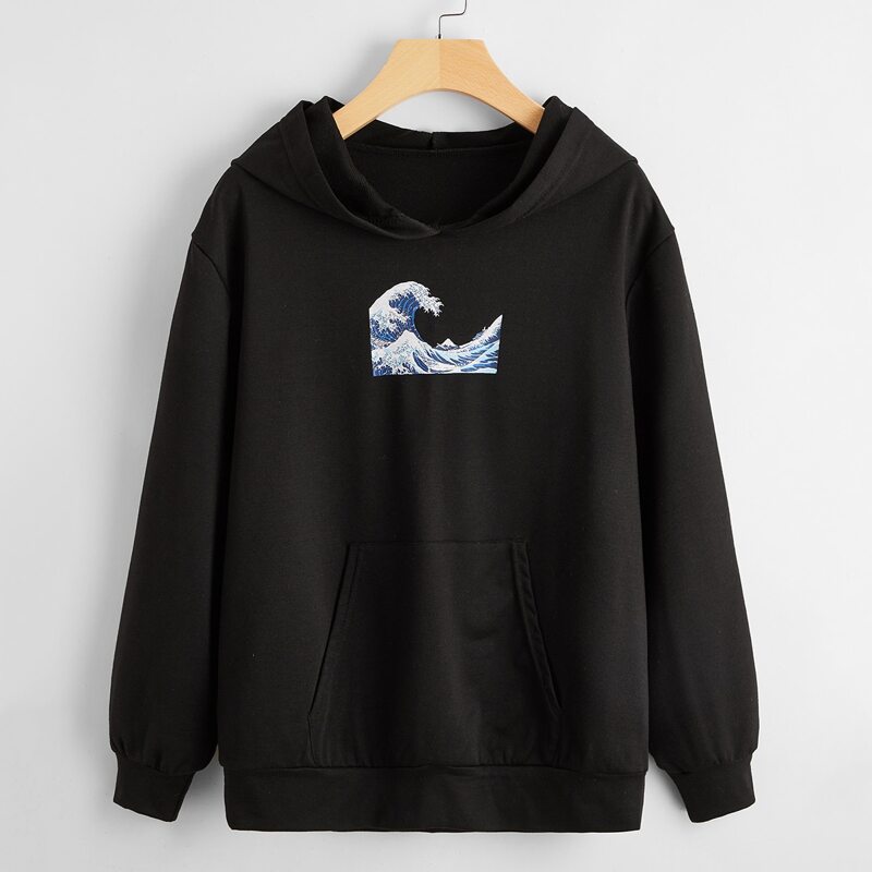 

Wave Graphic Pocket Hoodie, Black