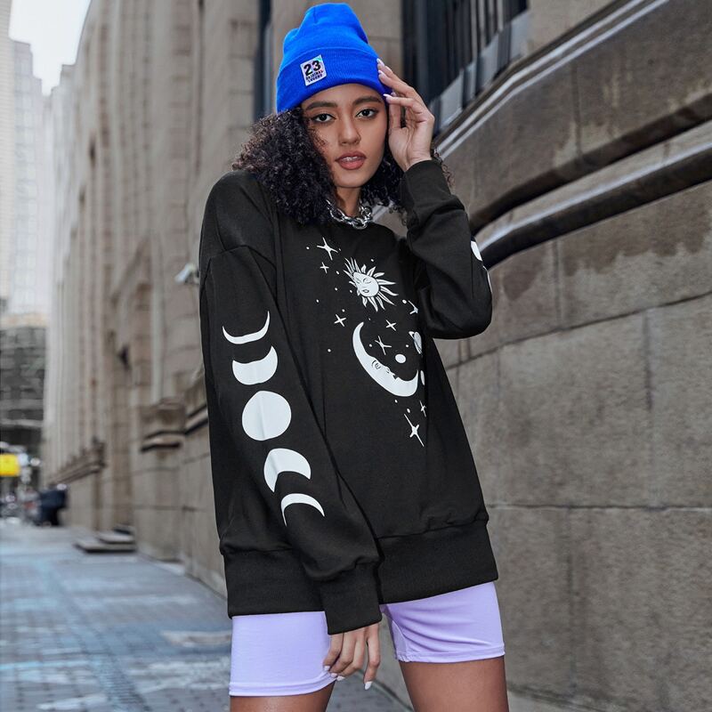 

Sun & Moon Graphic Oversized Sweatshirt, Black