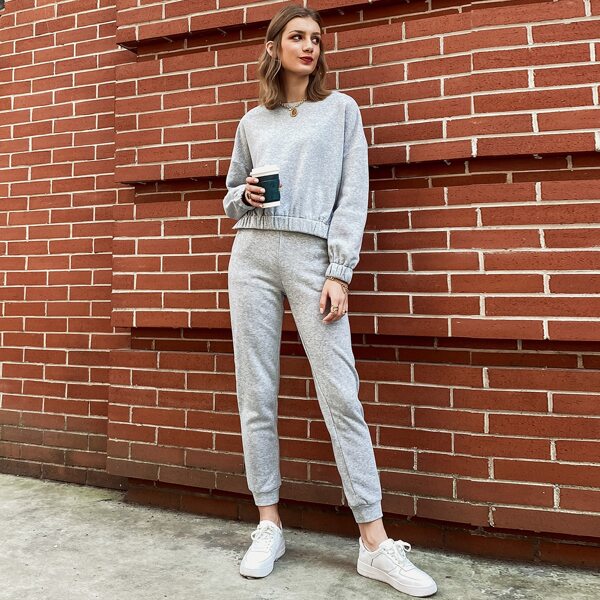 

Drop Shoulder Slit Hem Pullover & Sweatpants Set, Grey