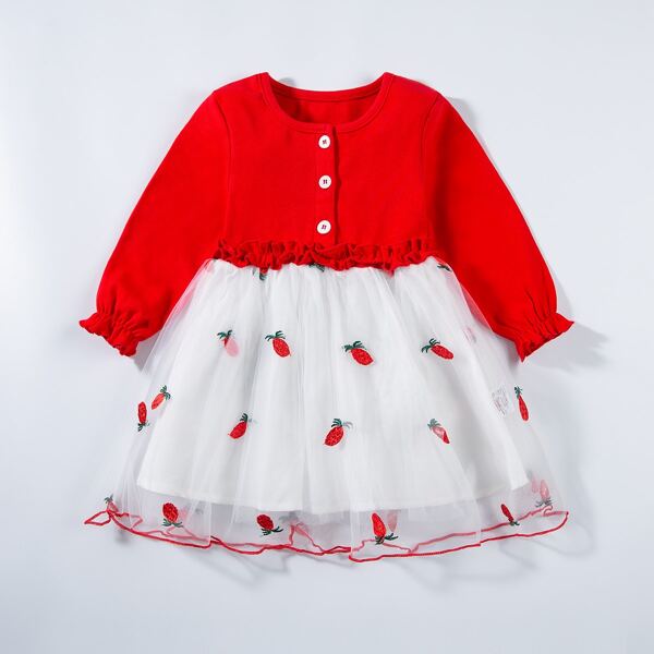 

Toddler Girls Fruit-Embroidered Mesh-hem Combo Smock Dress, Red and white